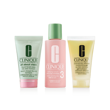 Clinique 3-Step Skin Care Kit Includes All About Clean Liquid Facial Soap Oily 30ml, Clarifying Lotion 3 Twice A Day Exfoliator 60ml, Dramatically Different Moisturizing Gel Oil-Free 30ml