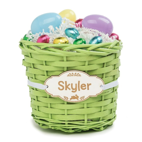 Personalized Green Wicker Bucket and Name Plaque