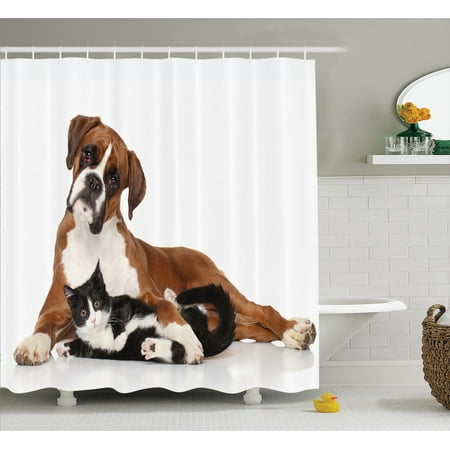 Animal Decor Shower Curtain Set Cat And Dog Together Lying On The Animal Decor Shower Curtain Set Cat And Dog Together Lying On The Floor Cute Couple
