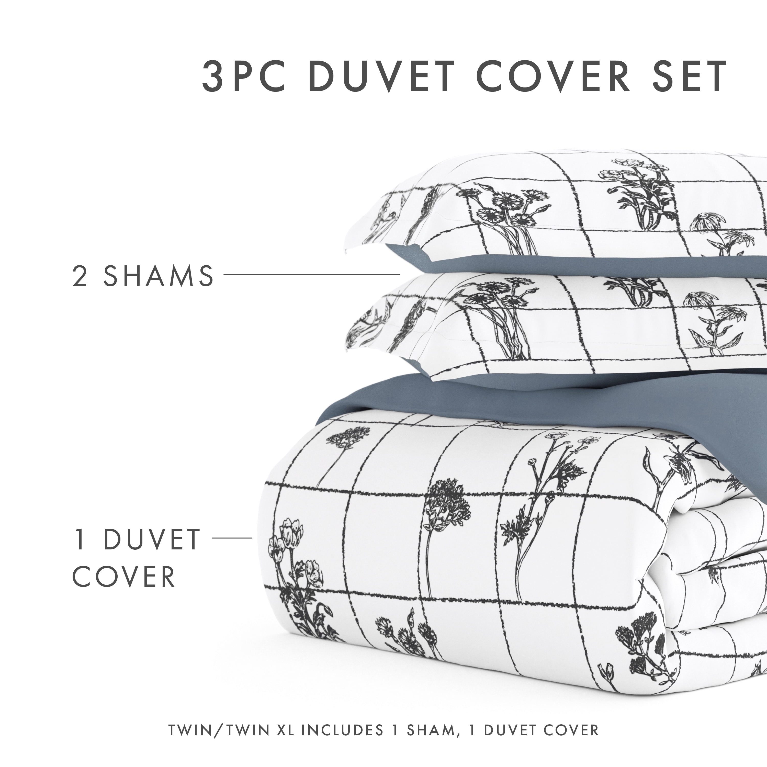 Noble Linens Gray Reversible Flower Field Print 3-Piece Duvet Cover Set, King/CalKing