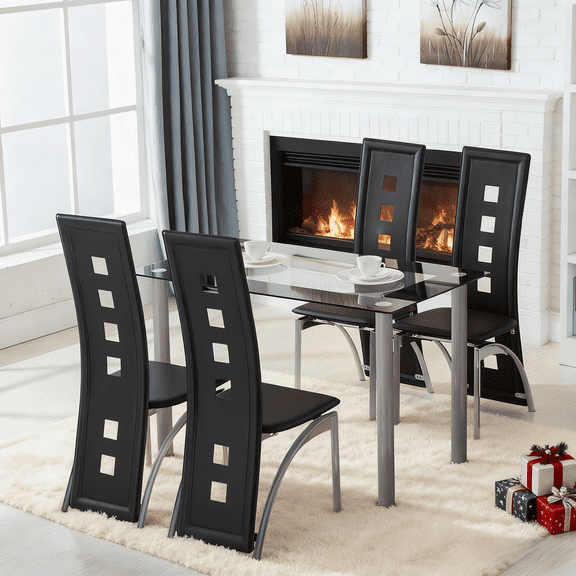Ktaxon 5 Piece Glass Dining Table Set for 4, Kitchen Table with 4 PU Padded Chairs for Dinner, Breakfast, Black