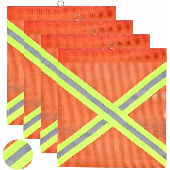 4Pcs Reflective Safety Flags with Wire Loop 13.4x11.8 Inch Orange Red Cross-Reflective Strip Flag Mesh Warning Flag