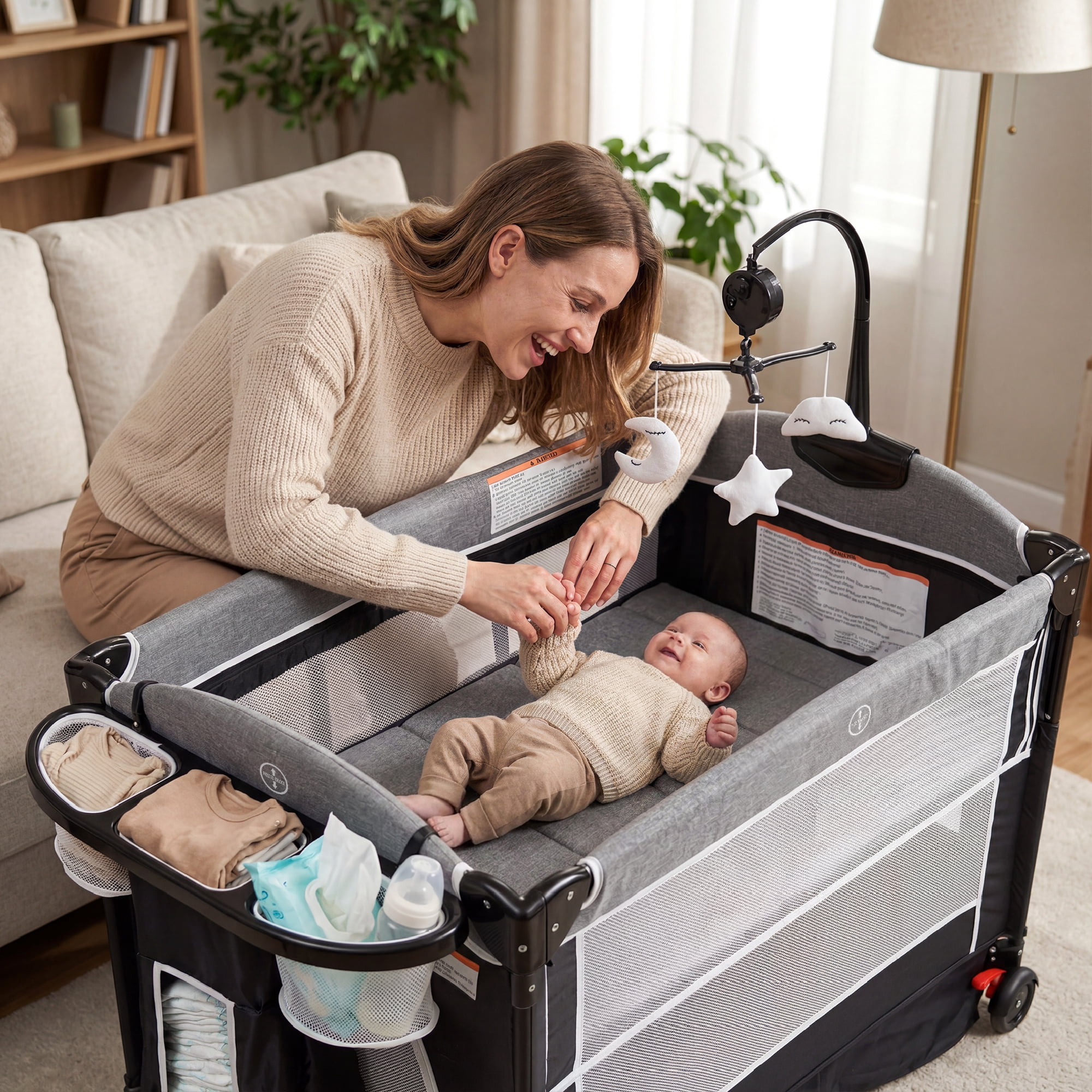 AILEEKISS 4-in-1 Portable Baby Play Yard with Changing Table for Newborn, Dark Grey