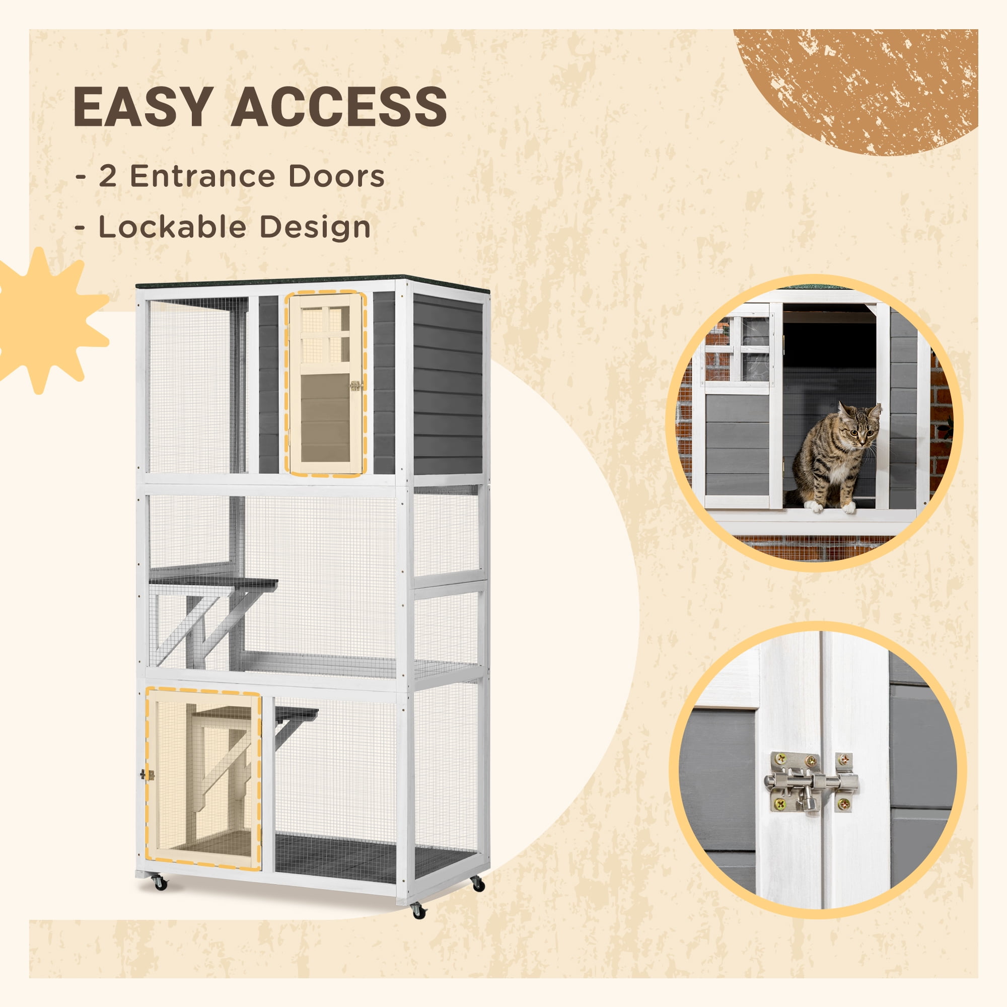 CoSoTower 74" Wooden Outdoor Cat House Weatherproof & Wheeled, Catio Outdoor Cat Enclosure with High Weight Capacity, Kitten Cage Condo, Gray