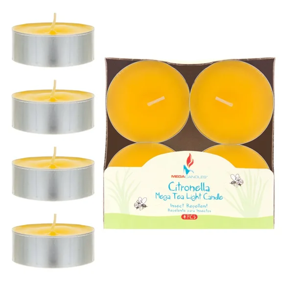 Mega Candles - Citronella Scented Tea Light Candles - Yellow, Set Of 4