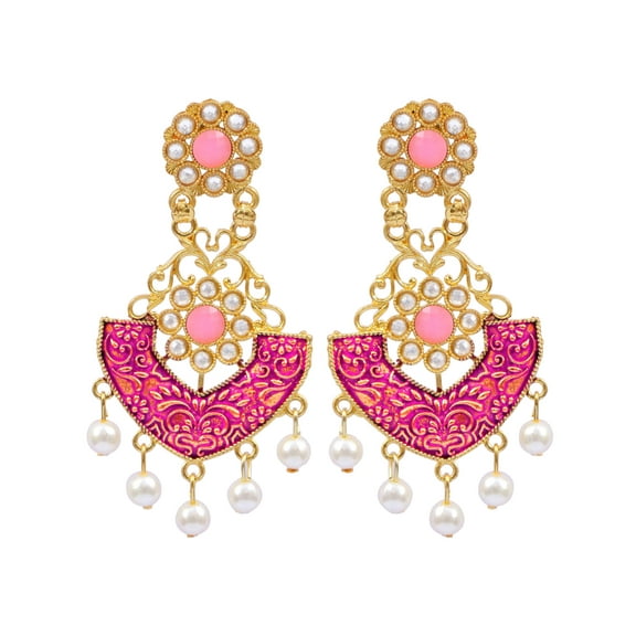Crunchy Fashion Bollywood Jewellery Traditional Ethnic Bridal Bride Wedding Bridesmaid Gold-plated Pink Choker Kundan Studded Dangler Earrings