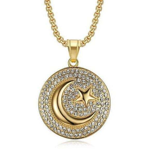 HIP Hop Arabic Muslim Allah Necklace Gold Star moon 14K Yellow Gold Bling Iced Out Islamic Pendants & Necklaces for Men Jewelry
