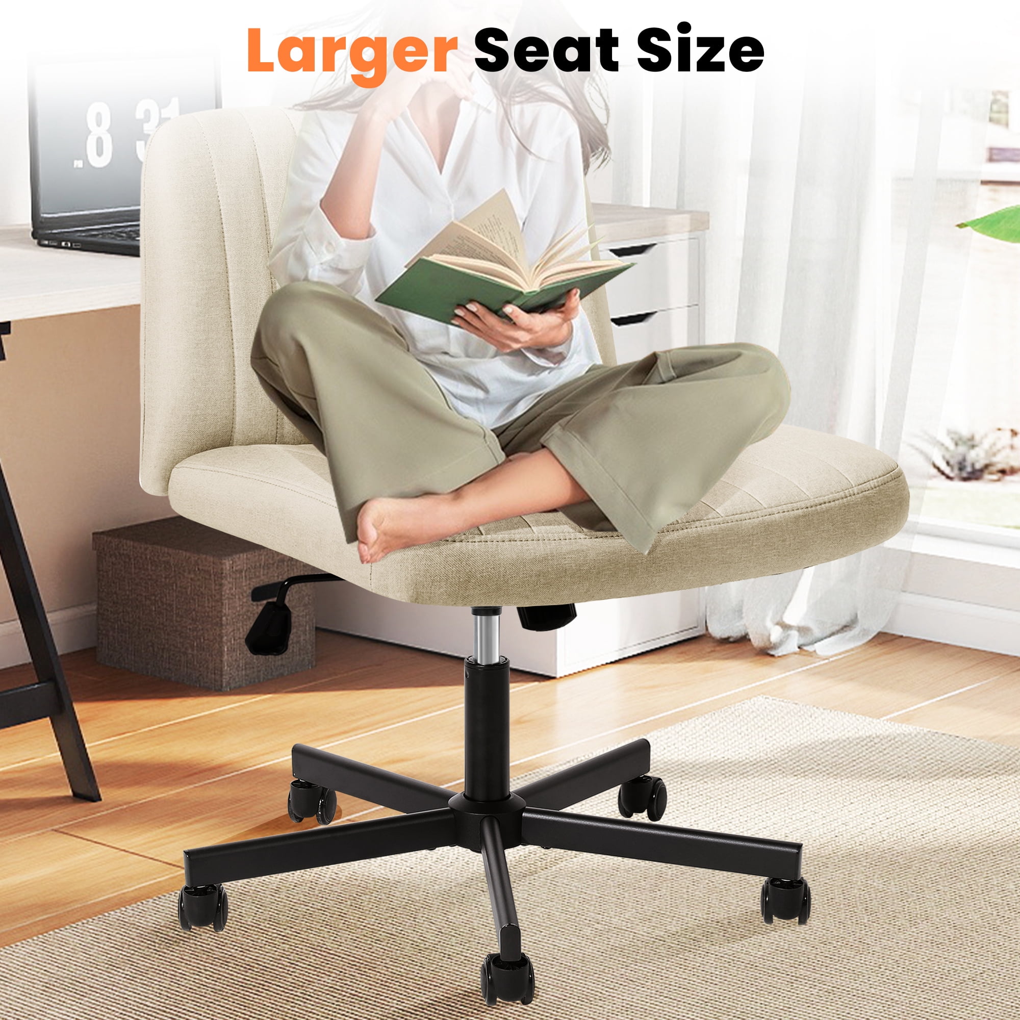 Melocadol Modern Criss Cross Office Chair, Extra Wide Armless Rolling Desk Chair with 360° Wheels, Adjustable Swivel Padded Fabric for Home, Office, Beige