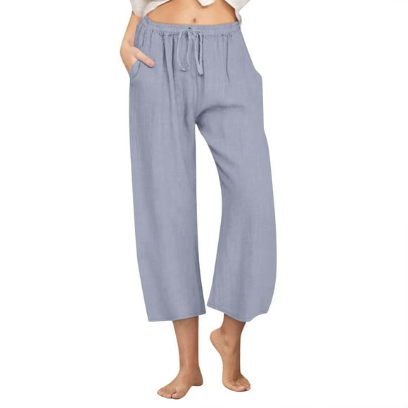 Staron Linen Pants Women Drawstring High Waist Loose Solid 2025 Beach Cotton Linen Palazzo Pants Casual Summer Wide Leg Cropped Trousers