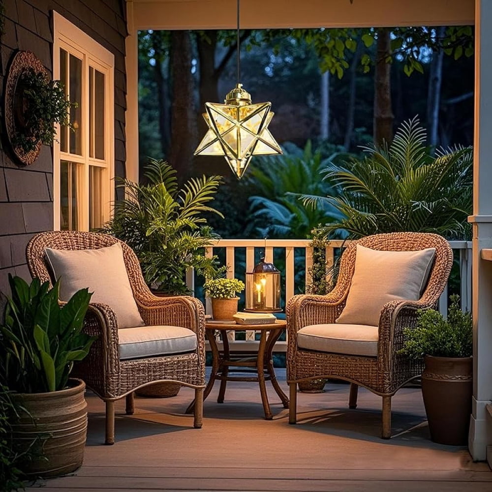 Gold Moravian Star Pendant Light with Brass Shade&Seeded Glass, 16.5ft Plug-in Hanging Light Fixture with Switch, Brass Lighting Fixture for Kitchen Island, Bedroom, Nursery(LED Bulb Included)