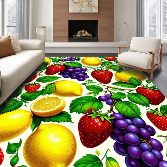 ODIKA 4'x6' Machine Washable Non-Slip Area Rug, Vibrant Harvest Entryway with Fruity Garden Design High Traffic Rug, Yellow, 58751