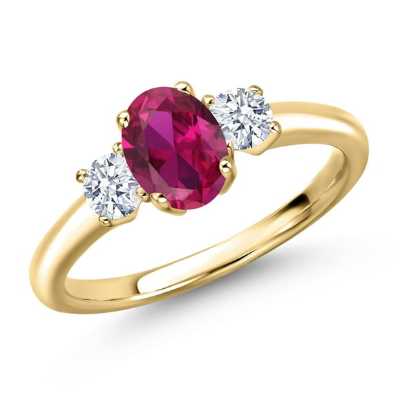 Gem Stone King 10K Yellow Gold Red Created Ruby and White Zirconia Engagement Ring for Women | 1.50 Cttw | Oval 7X5MM | Gemstone July Birthstone | Size 7