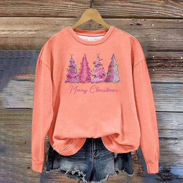 Babysbule Chemises de Noël pour Femmes Imprimées Col Rond Manches Longues Chandail Ample Liquidation Mode