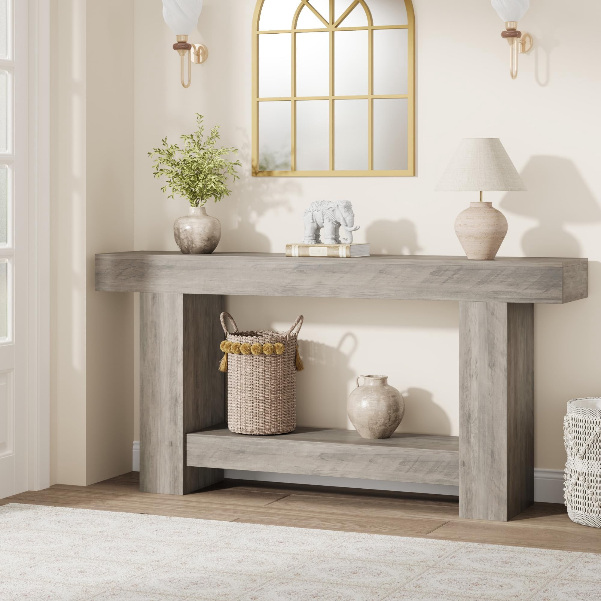 63'' Long Console Table, 2-Tier Narrow Entryway Table Sofa Table with Storage, Farmhouse Wood Behind Couch Table for Living Room, Hallway, Gray