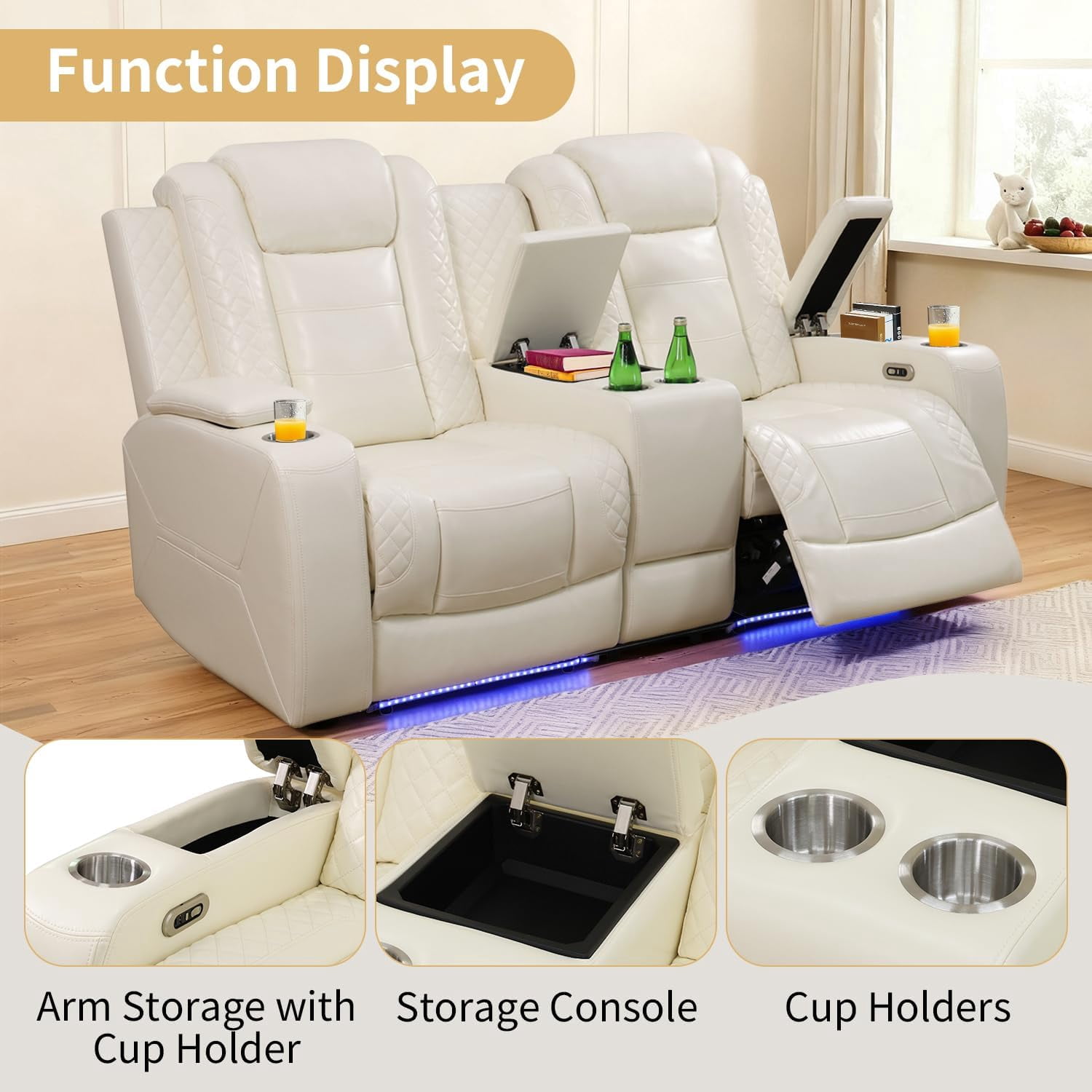Gewnee 3-Seat Power Adjustable Sofa with 1 Recliner, Console, Cup Holders & LED Lights, Air Leather, Adjustable Recline, for Living Room,Beige
