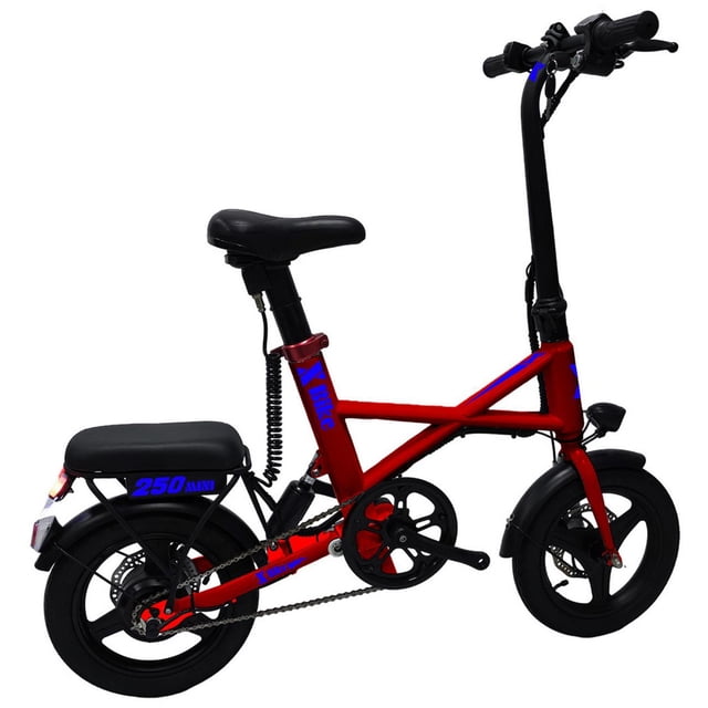 Bicicleta eléctrica rojo plegable X Bike Mini250TourRed 250W R14x2" 7.8Ah 1 Vel. Marco Rojo Etiquetas Morado Rosa Pantal Xtream Boom MXMTJ-061
