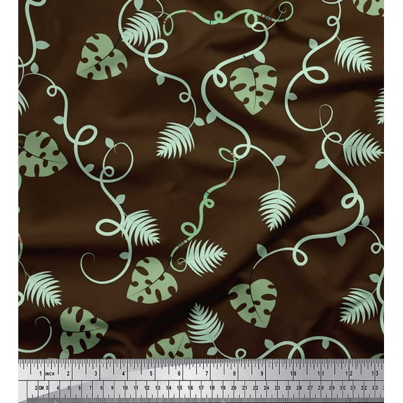 Soimoi Brown Cotton Poplin Fabric Night Pine Leaves Fabric Prints By Yard 58 Inch Wide
