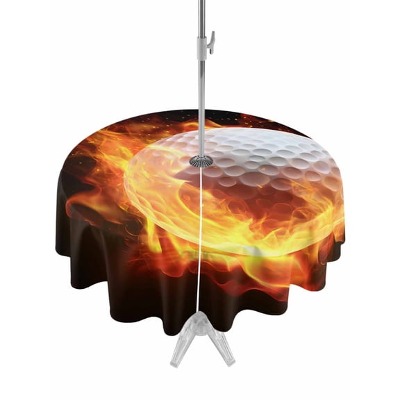 Outdoor Tablecloth with Umbrella Hole Zipper Golf Ball Round Tablecloth 54" Waterproof Outside Table Cloth Sport Modern Glowing Burning Classic Art Patio Table Cover Tablecloths for Picnic Party