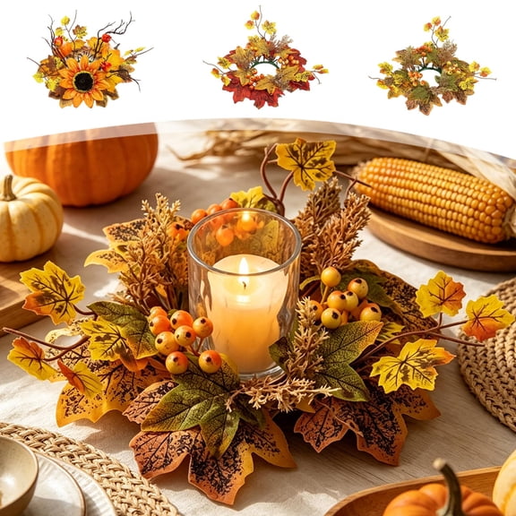 Halloween Table Decor Autumn Candle Ring Wreath 11.81 Inch Artificial Sunflower Pumpkin Maple Leaves Centerpiece for Fall Thanksgiving Home Mantel Decorations
