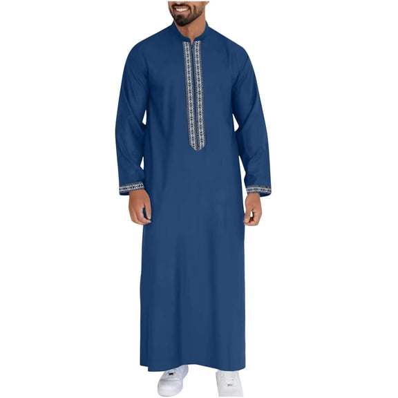 SIYUDAN Men Kaftan Thobe Casual Long Sleeve Robe for Men Stand Collar Muslim Clothes for Men Navy Kaftan