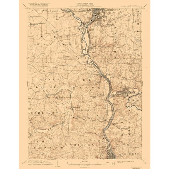 Topographical Map - New Castle Pennsylvania Quad - USGS 1904 - Vintage Wall Art