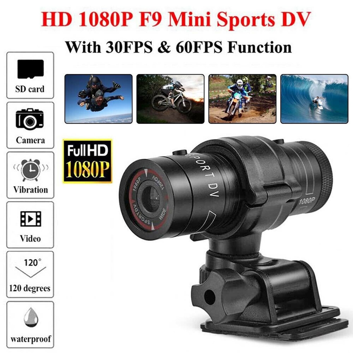 WIKCOVER Motorcycle Helmet Camera with 128GB SD Card, Full HD 1080p Bike Action Camera, 120° Wide-Angle Video, Waterproof Handlebar Mount