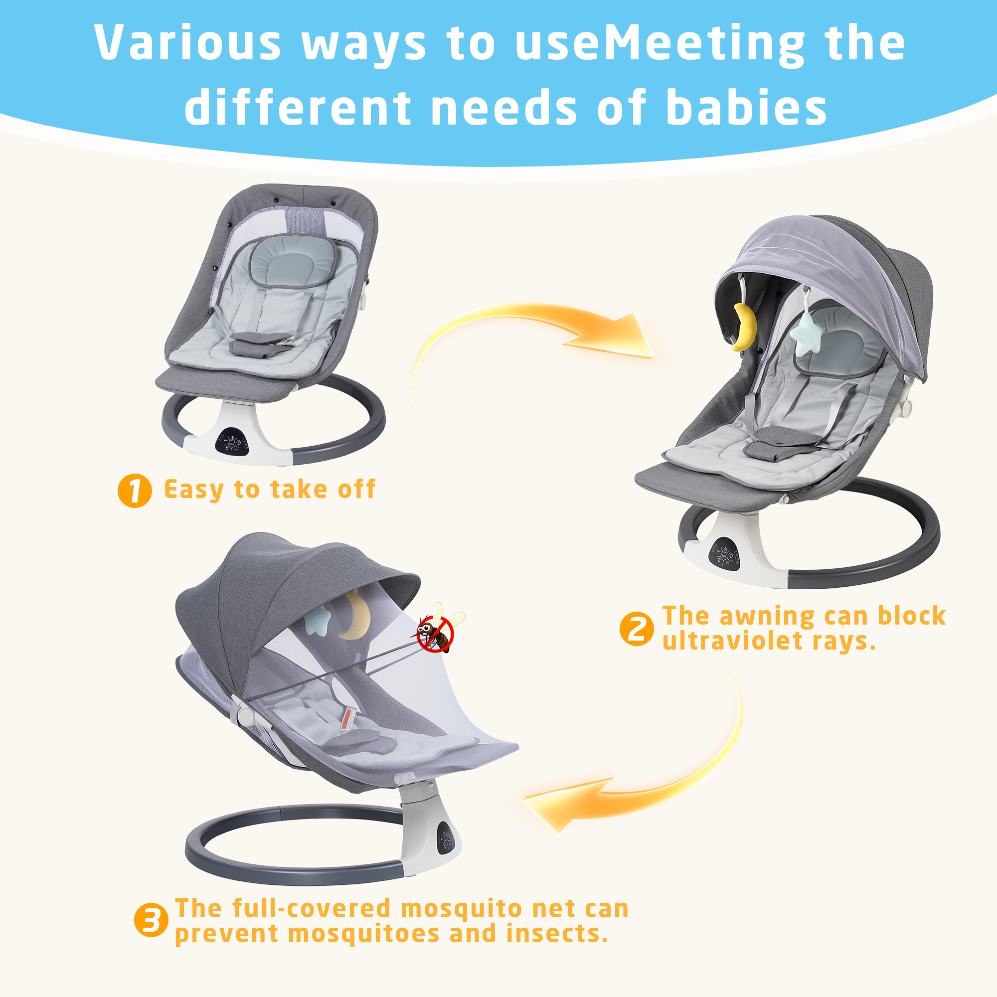 SACVON Portable Baby Swing, 5 Speed & Bluetooth Music, with Remote Control for Indoor Outdoor Use, for Infants 0-6 Months, Dark Gray