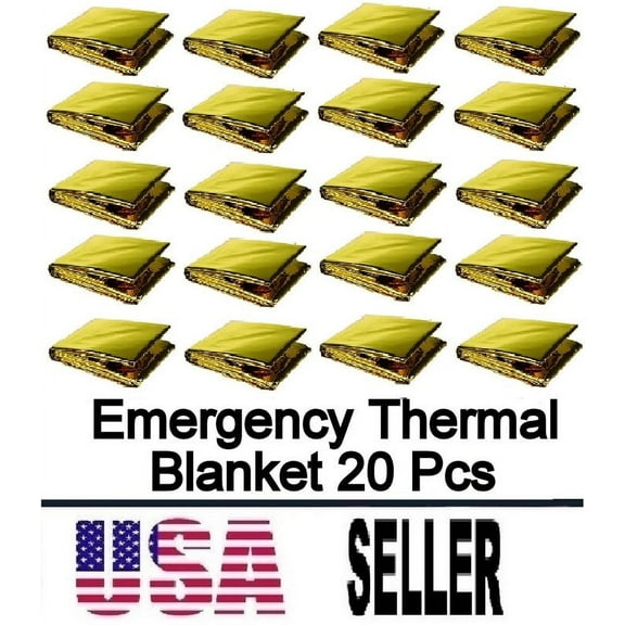 20 Packs Emergency Mylar Thermal Blanket for Survival First Aid Kits Army Outdoors Hiking Camping Bug Out Trauma Desert All Weather Condition Protection(One side silver one side gold color)