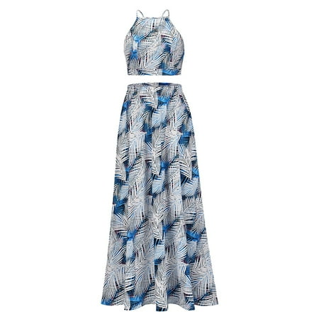

Fanvereka Women Sexy Two-piece Clothes Set Tie-dyed / Leaves Printed Pattern Camisole and Big Hem Long Skirt