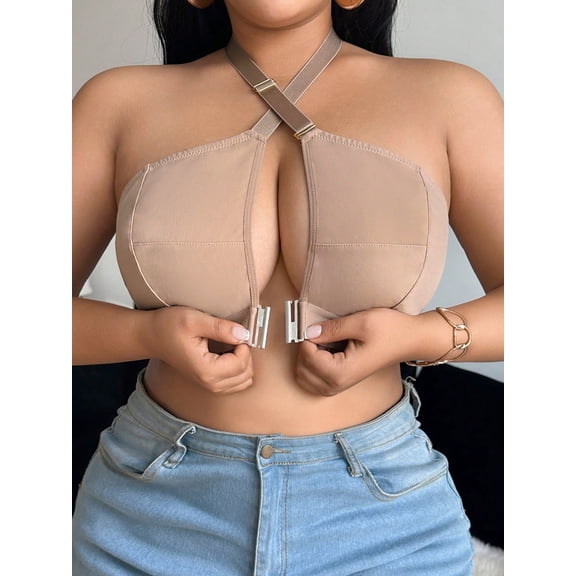 Plus Size Front Closure Wireless Comfort Halter Bra 1XL