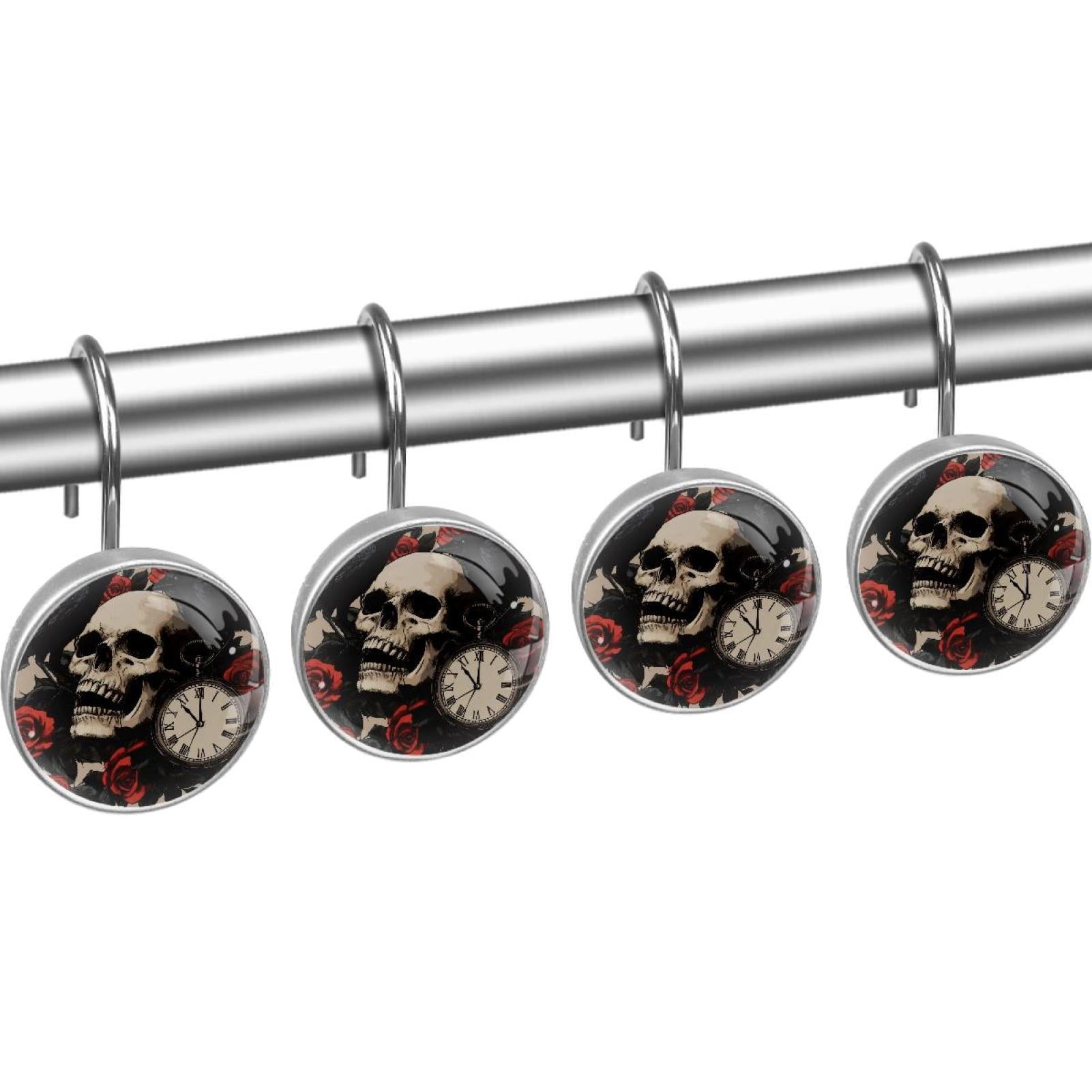 Black Crow Red Roses Dead Skull Shower Curtain Hooks Round Crystal Glass, Set of 12 Shower Curtain Rings - Shower Hooks for Curtain Shower Rings