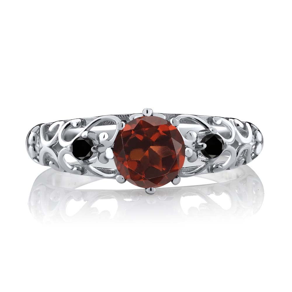 1.11 Cttw Red Garnet and Black Diamond Engagement Ring for Women | 925 Sterling Silver | Gemstone Birthstone | Three Stone Wedding Engagement Anniversary Promise Ring for Women | Size 8