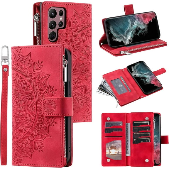 Compatible with Samsung Galaxy S22 Ultra 5G Case Wallet for Women, Mandala Floral Embosssed PU Leather Folio Zipper Cover Magnetic Flip Book Case with Card Holder Wrist Strap (Red)