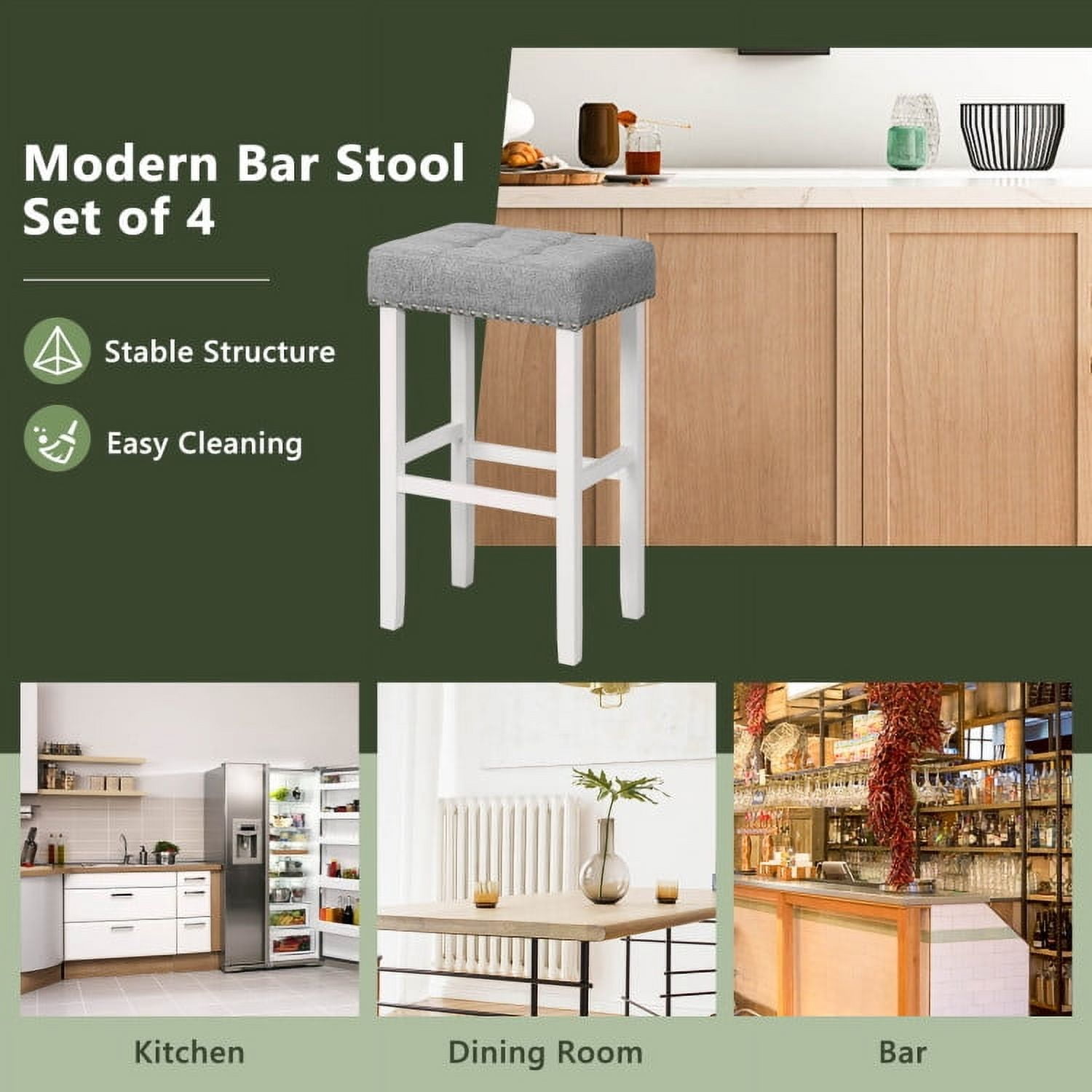 Demi Bonn 29" 2 Pieces Counter Height Bar Stools with Sponge Padded Cushion, Modern Dining Chair, Gray