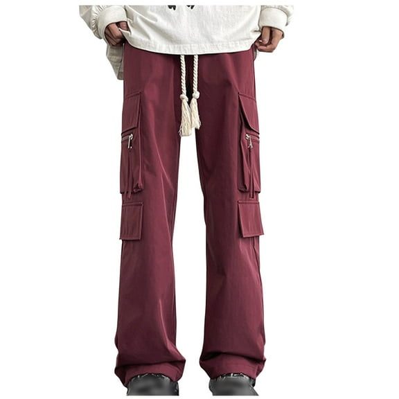 Mens Plus Size Cargo Pants M-5X Big and Tall Multi Pockets Straight Wide Leg Trousers Loose Solid Drawstring Elastic Waist Streetwear Jogger Pant