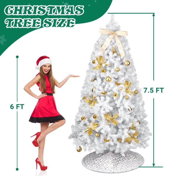 7.5FT White Pre-Lit Christmas Tree - 1600 PVC Branch Tips 400 Warm White LEDs Bow/Golden Flower Ornaments Easy Setup for Home