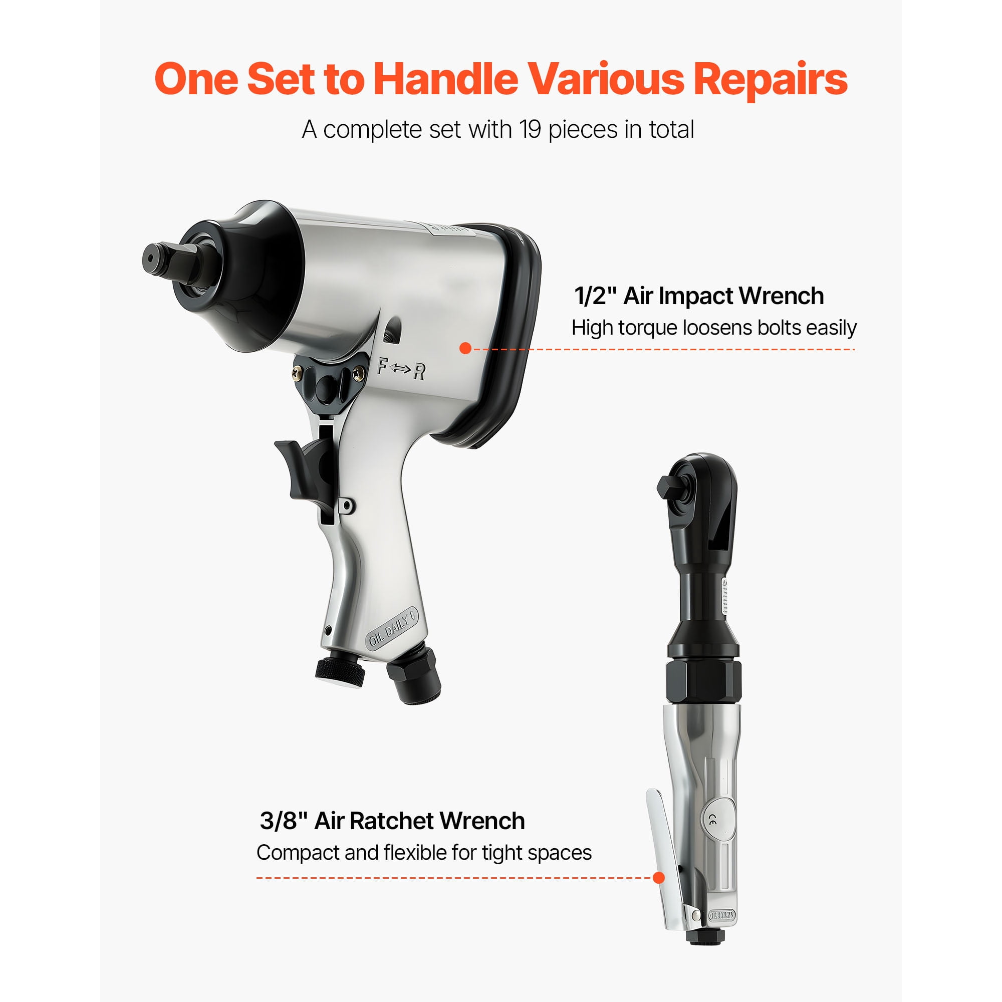 KFFKFF 1/2" Air Impact Wrench & 3/8" Ratchet Wrench Set, 19-Piece Professional Air Tool Kit with 10 CR-V Steel Impact Sockets and Carrying Case for Automotive Repairs and DIY Projects