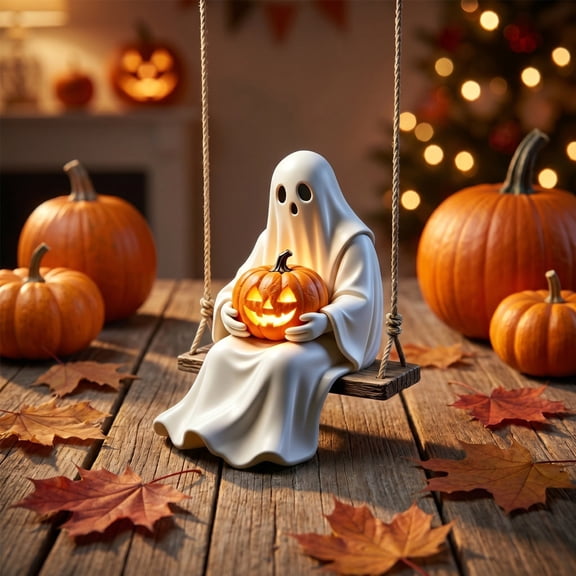 Ghost Holding Pumpkin Ornament Cute Halloween Resin Ghost Statue Decor Fall Indoor Outdoor Door Tree Hanging Decoration halloween decorations