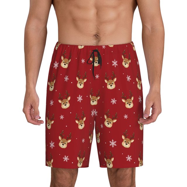 Fotbe Reindeer Faces Festive Red Pantalones Cortos de Pijama para Hombre, Ropa de Dormir, Pantalones de Pijama Cortos para Hombre-Large