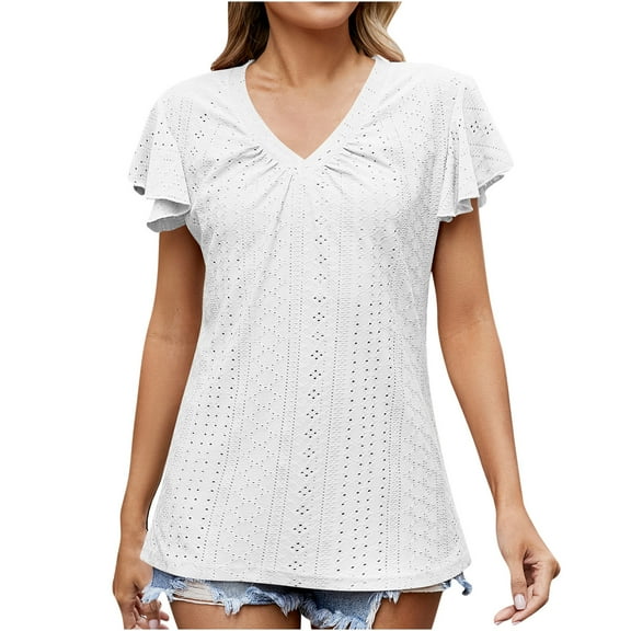 Womens Summer Tops Ruffle Short Sleeve Tunic Tops V Neck Loose Fit Flowy T-Shirts Dressy Casual Work Blouses Eyelet