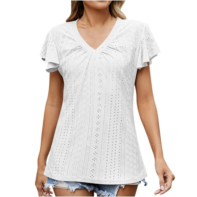 Womens Summer Tops Ruffle Short Sleeve Tunic Tops V Neck Loose Fit Flowy T-Shirts Dressy Casual Work Blouses Eyelet