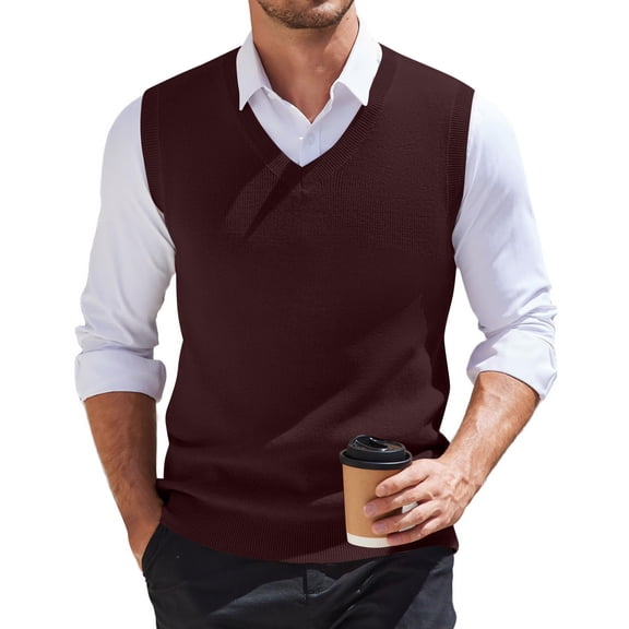 Huankd Men's Solid Sweater Vest Sleeveless Knit V Neck Spring Winter Casual Pullover Top Wine S