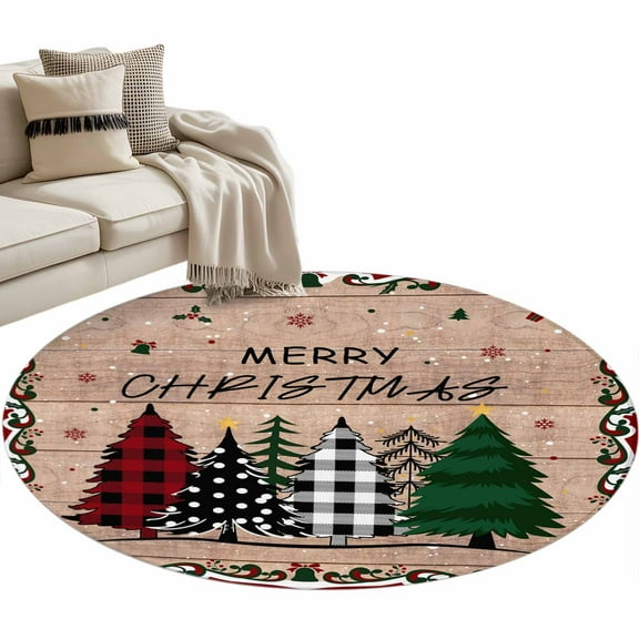 Xmas Tree, Round Area Rug 4 FT, Non Slip Indoor Outdoor Rug, Christmas Farmhouse Snowflake Dot Plaid Berry Washable Soft Circular Carpet Non-Shedding Floor Mat for Coffee Table Nursery Foyer Balcony
