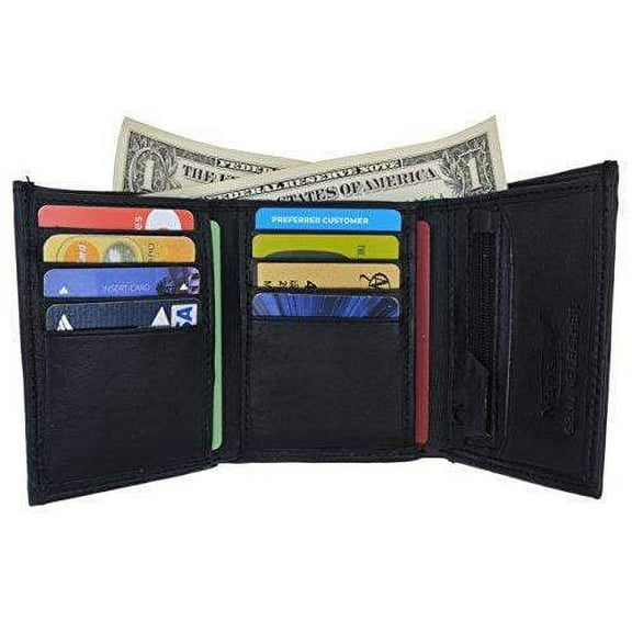 Lambskin Leather Men's Trifold Outside ID Credit Card Holder W/Zipper Pocket Wallet