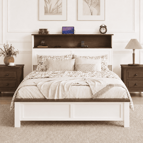 LegaHome Full Size Bed Frame with Storage Headboard, Charging Station and LED Lights, Platform Bed Frame with Wooden Slats for 550lbs Weight Capacity, No Box Spring Needed, Brown and White