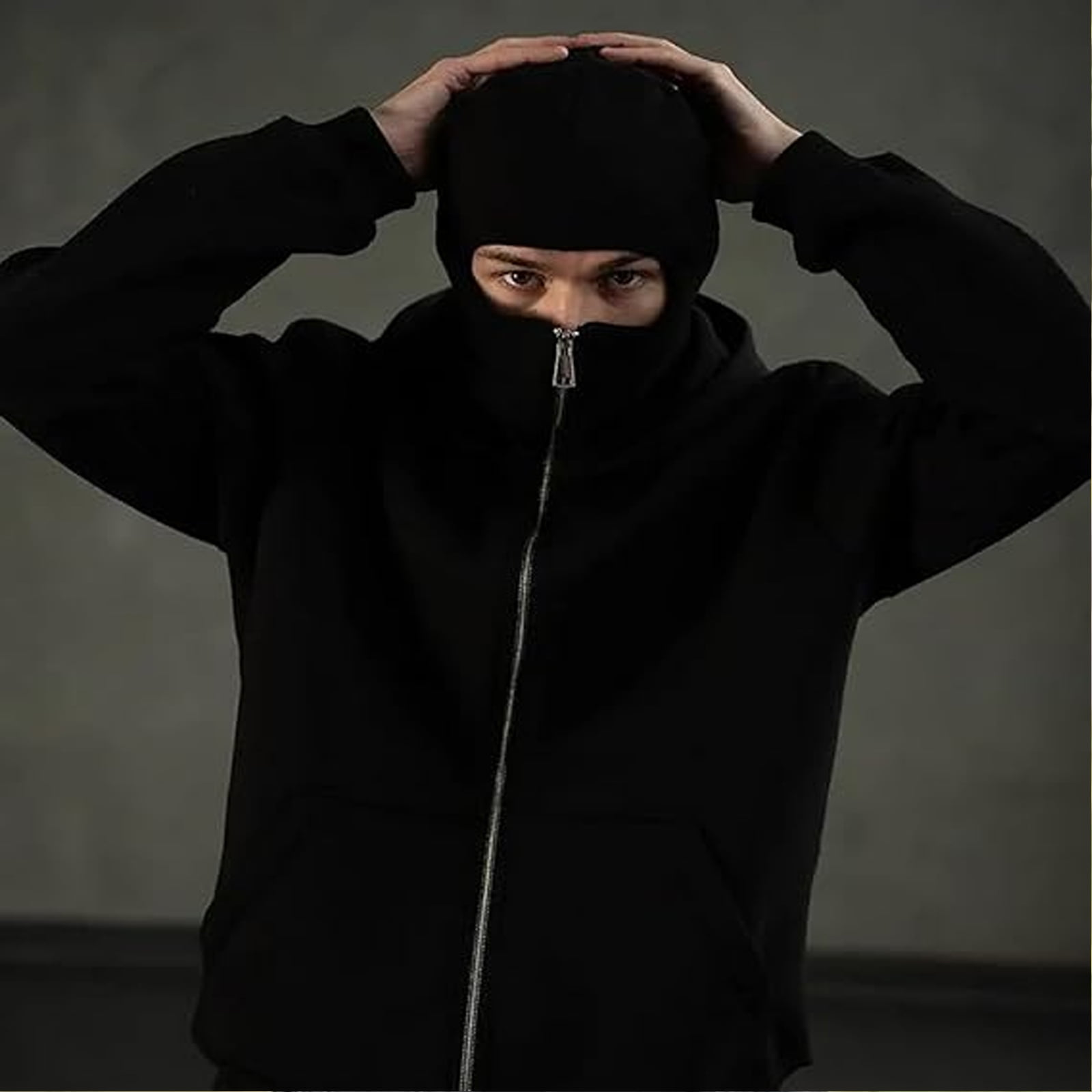 Homeyce Balaclava Ninja Zipper Hoodie with Face Mask Zip Up Hoodies Double Hooded Wind-Resistant Hooded Coat Balaclava Warm Sports Casual Bicycle Streetwear,Gray M