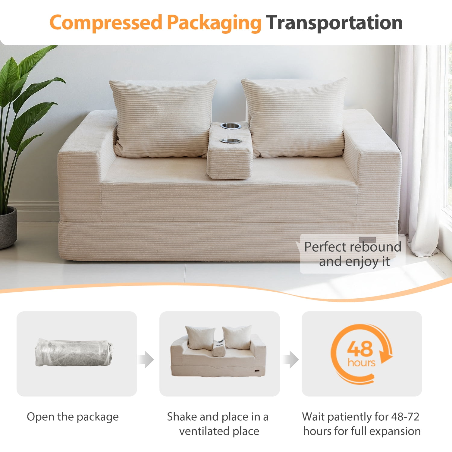 BYBYME Convertible Sofa Bed,Folding Lounger 4-in-1 Boneless Sofa with 2 Pillows and Cup Holder,Floor Sofa for Small Spaces Such as Living Rooms,No Assembly Required,Loveseat,Beige