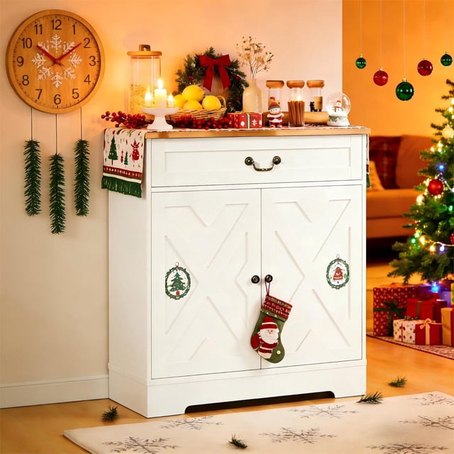 29 Inch Modern Farmhouse Sideboard Buffet Cabinet with Drawer & Adjustable Shelves, Small Kitchen Storage Cabinet, Dining Room Coffee Bar Organizer, White