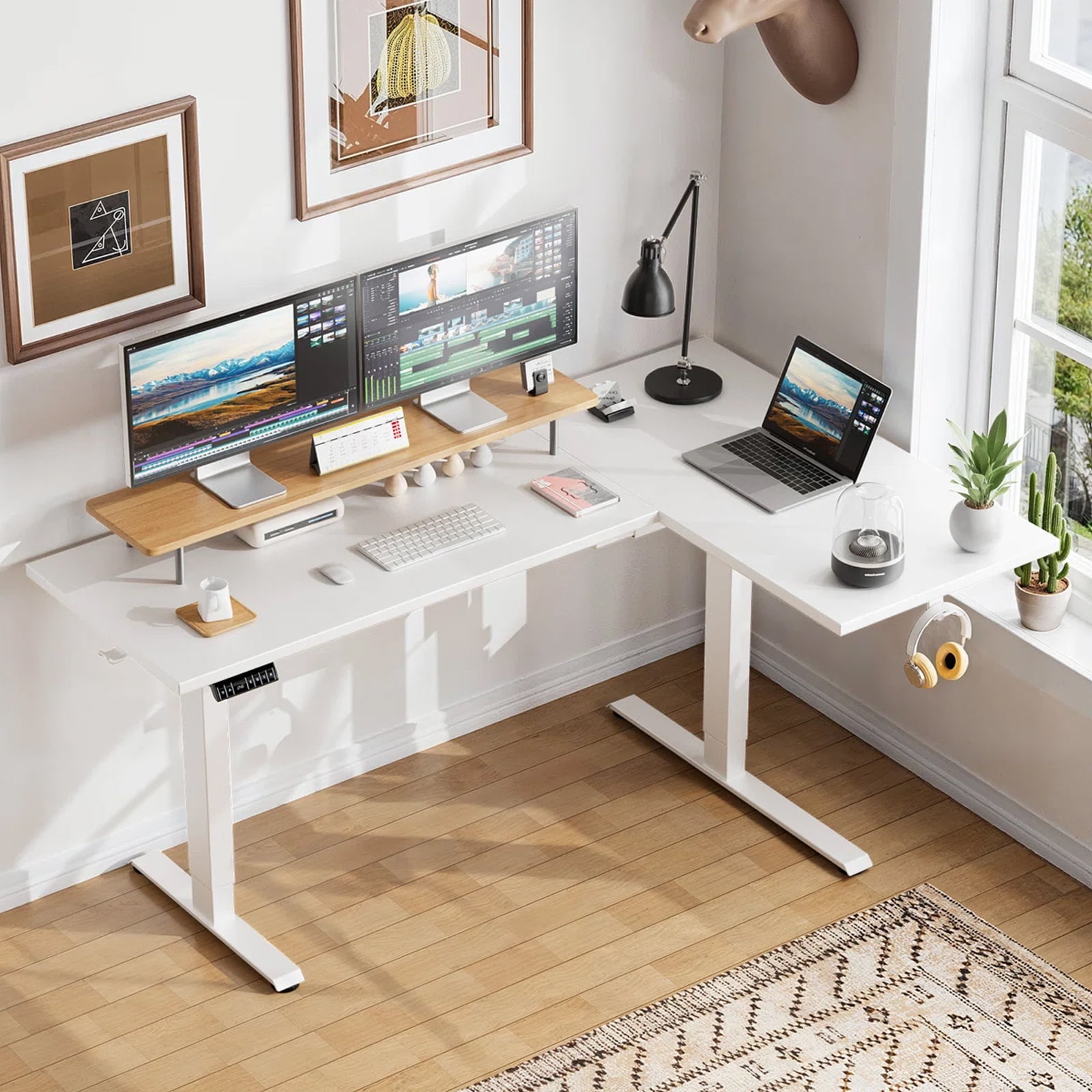 Kyspho L-Shaped Electric Standing Desk with Cable Tray, 71″ x 48″ Dual Motor Height Adjustable Sit to Stand Computer Desk with 3 Preset Heights, 2 Hooks for Home Office, White