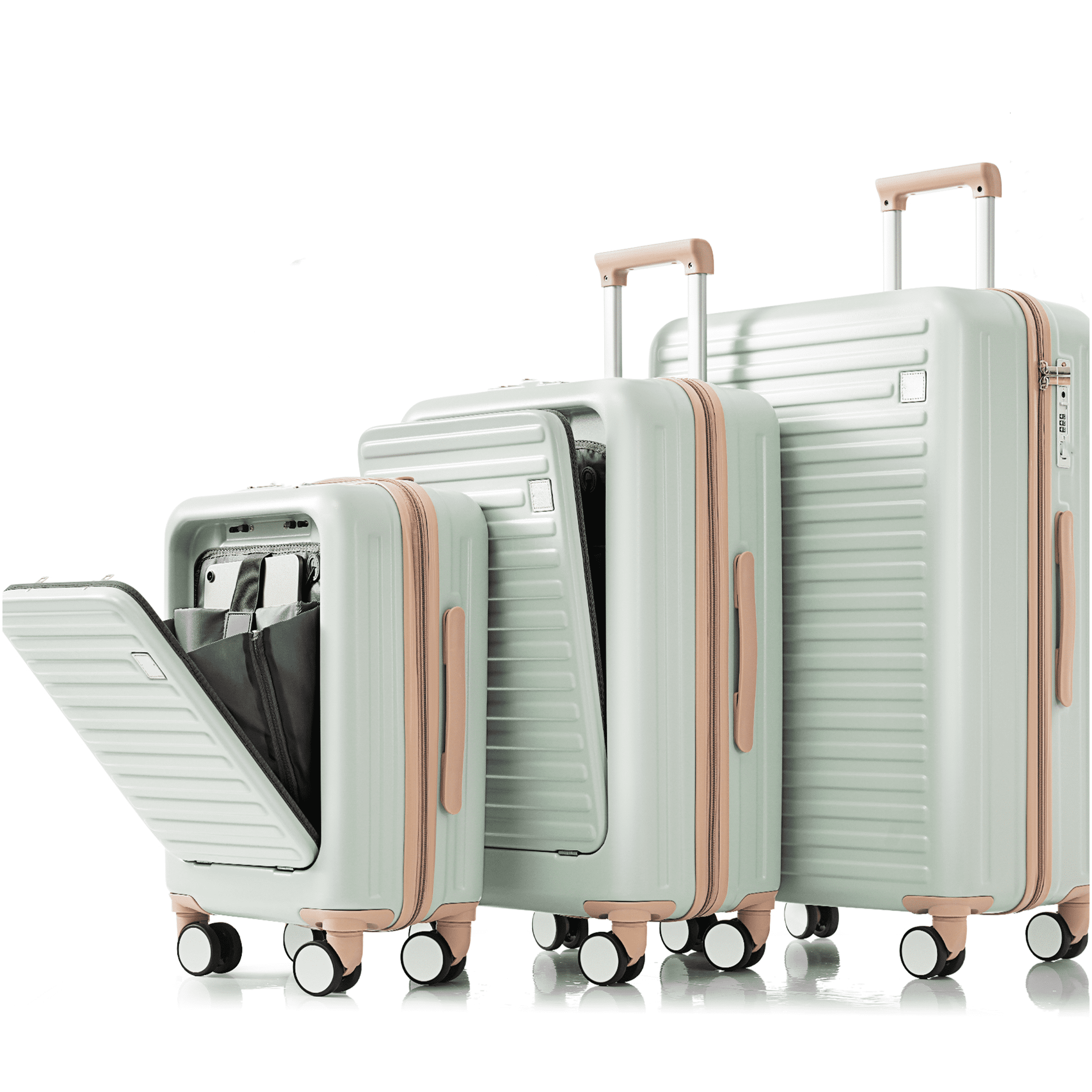 JERFIT 3-Piece ABS Hard Shell Spinner Luggage Set with USB Charging Ports, Front-Open Design & Cup Holder, 20/24/28 Inch Airline Approved Suitcases, Grey